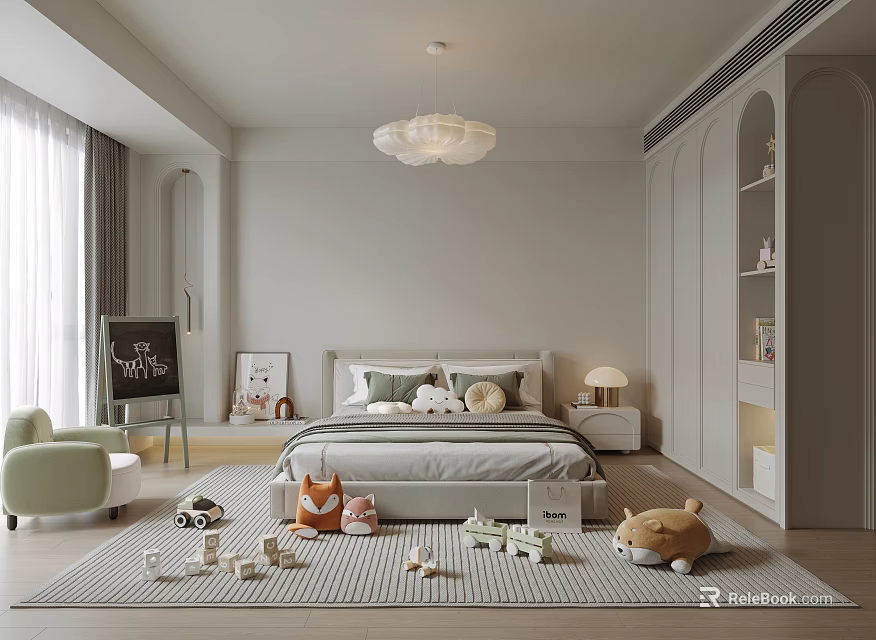 Cozy Kids Room Interior With Bed Stuffed Toys Rug Chalkboard And Bookshelf 3d model 