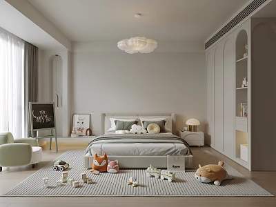 Cozy Kids Room Interior With Bed Stuffed Toys Rug Chalkboard And Bookshelf 3d model