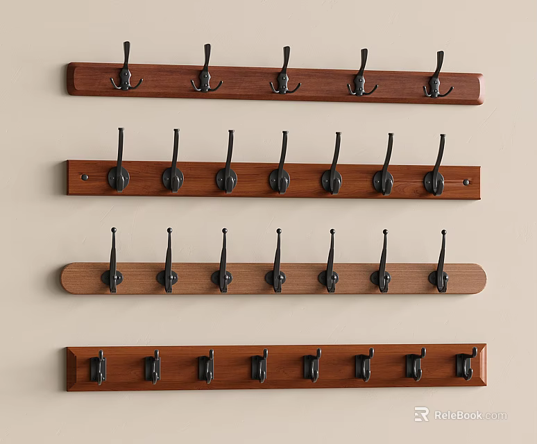 Wooden Wall Mounted Hook Racks With Multiple Metal Hooks For Home Use 3d model 