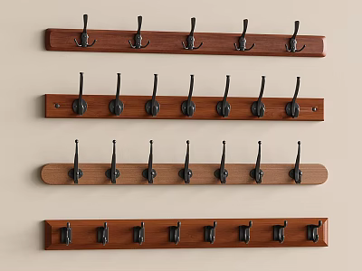 Wooden Wall Mounted Hook Racks With Multiple Metal Hooks For Home Use 3d model