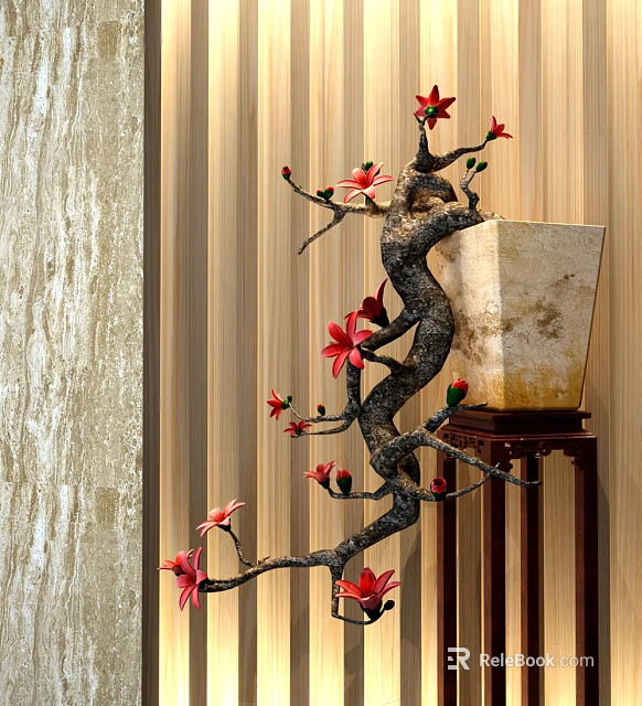 Bonsai Plant with Twisted Trunk and Red Flowers in Square Pot on Wooden Stand 3d model 
