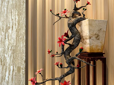 Bonsai Plant with Twisted Trunk and Red Flowers in Square Pot on Wooden Stand 3d model