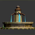 Ornate Stone Fountain With Circular Base Blue Water Flow And Yellow Accents