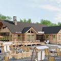 Wooden Cabin with Black Roof Chimney Surrounded by Trees Outdoor Deck with Tables and Chairs