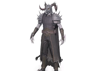 Horned Fantasy Creature Character Standing With Spiked Armor And Dark Robe 3d model