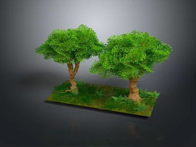 Two Lush Green Trees With Brown Trunks On Green Grass Base 3d model