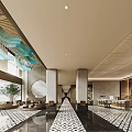 Luxurious Hotel Lobby Interior With Wooden Ceiling Turquoise Hanging Lights And Marble Floor