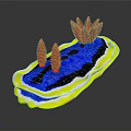 3D Terrain Model With Yellow Border Blue Water And Red Organisms On Black Ground