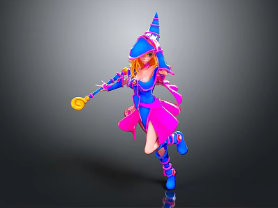 Colorful Wizard Game and Movie Character with Pointed Hat Orange Hair and Golden Prop 3d model