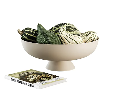 Decorative Ornament Set With Beige Pedestal Bowl Colorful Gourds And Accompanying Book 3d model