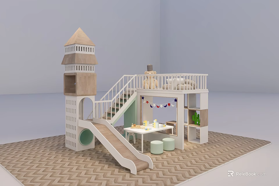Wooden Children Play Structure With Tower Slide Table And Storage Cabinets 3d model 