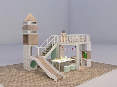 Wooden Children Play Structure With Tower Slide Table And Storage Cabinets 3d model
