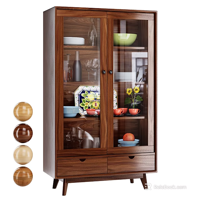 Elegant Wooden Sideboard with Glass Doors Drawers and Displayed Dinnerware Flowers 3d model 