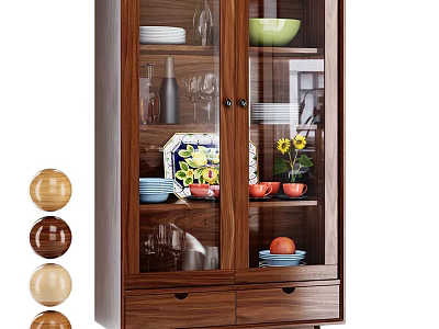 Elegant Wooden Sideboard with Glass Doors Drawers and Displayed Dinnerware Flowers 3d model