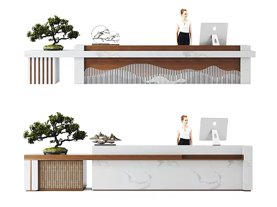 Elegant Modern Reception Desk With Marble Top Wooden Accents Wavy Panel And Computer Monitor 3d model