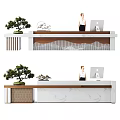 Elegant Modern Reception Desk With Marble Top Wooden Accents Wavy Panel And Computer Monitor