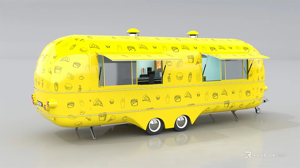 Yellow Food Truck With Decorative Food Icons On Exterior And Side Windows 3d model 