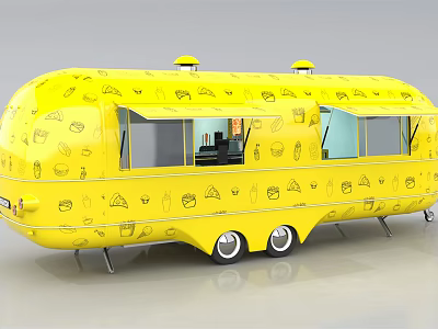 Yellow Food Truck With Decorative Food Icons On Exterior And Side Windows 3d model