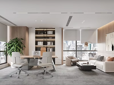 Modern Office Interior Design With Wooden Bookshelf Desk Chairs Sofa City View And Green Plant 3d model