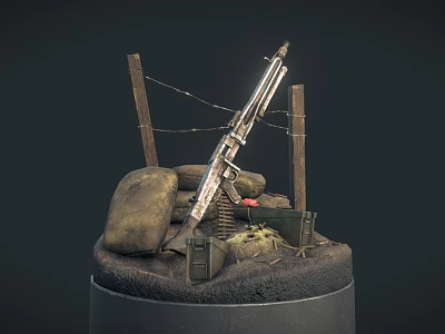 Silver Gun On Display Stand With Sandbags Barbed Wire And Wooden Fences Dark Background 3d model