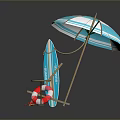 Modern Beach Leisure Scene With Striped Umbrella Surfboard Lounge Chair Small Round Table And Lifebuoy
