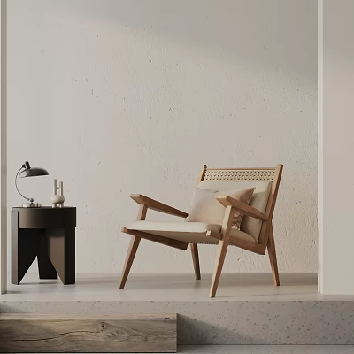 Modern Minimalist Accent Chair With Wooden Frame Rattan Back Cushion And Side Table 3d model