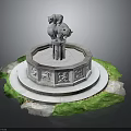 Traditional Stone Lion Fountain With Circular Base Carved Patterns And Green Grass