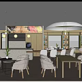 Modern Cafe Interior Design With Round Table White Chairs Bookshelf And Pendant Lighting