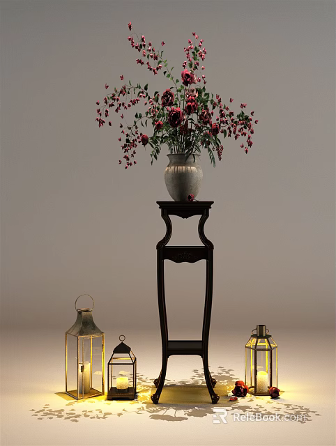 Traditional Wooden Flower Stand With Vase Red Flowers And Side Lanterns 3d model 