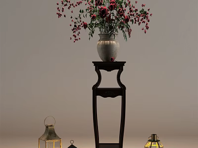 Traditional Wooden Flower Stand With Vase Red Flowers And Side Lanterns 3d model