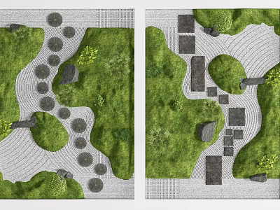Stepping Stones Design in Garden with Green Grass and Stone Slabs for Natural Walking Path 3d model