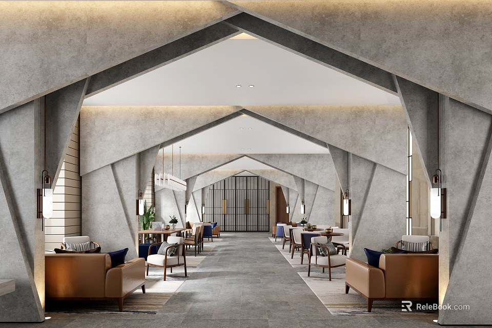 Modern Restaurant Interior With Geometric Arch Ceilings Spacious Dining Tables Chairs Pendant Lights Stone Walls 3d model 