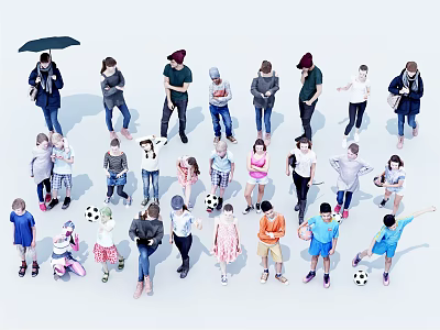 Group of People Including Adults and Children With Umbrella and Soccer Balls 3d model Group of People Including Adults and Children With Umbrella and Soccer Balls 3d model