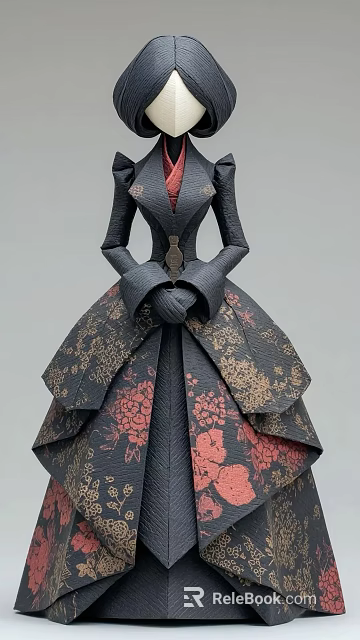 Woman In Elegant Dark Colored Gown With Intricate Floral Patterns And Layered Skirt 3d model 