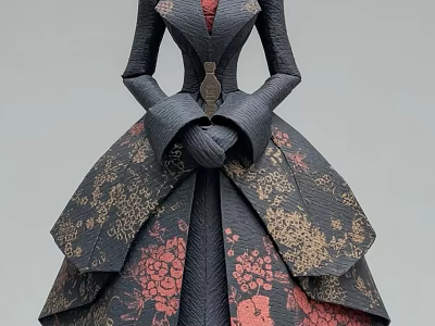 Woman In Elegant Dark Colored Gown With Intricate Floral Patterns And Layered Skirt 3d model