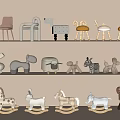 Colorful Animal Shaped Stools Including Rocking Horses And Minimalist Designs On Display Shelves
