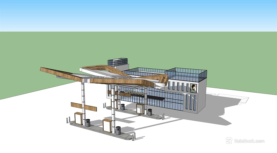 Modern Gas Station Architectural Design With Glass Facade And Wooden Canopy 3d model 