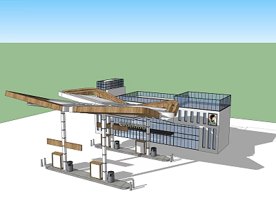 Modern Gas Station Architectural Design With Glass Facade And Wooden Canopy 3d model