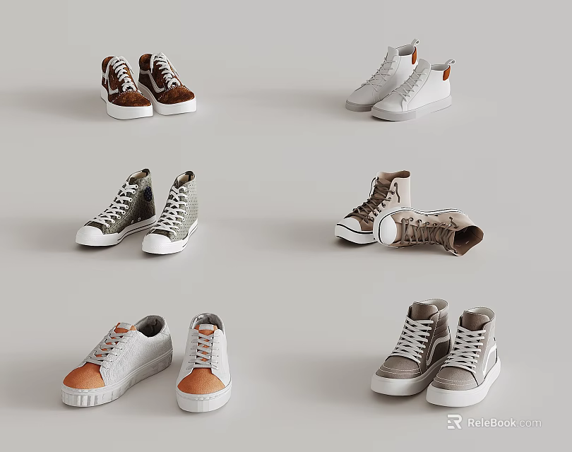 Various Fashionable Casual Shoes With Brown White Gray Styles And Design Options 3d model 