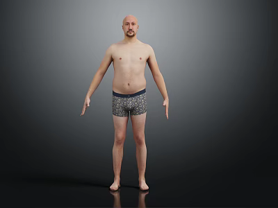 Shirtless Man With Bald Head Beard Standing In Patterned Boxer Briefs On Gray Background Barefoot 3d model