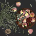 Ceramic Bowl Filled With Juicy Peaches And Olive Leaves On Rustic Table Setting