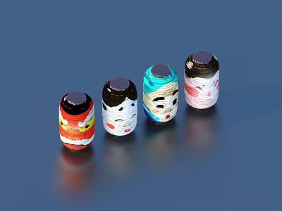 Four Colorful Storage Jars With Black Lids And Cartoon Patterns On Blue Background 3d model