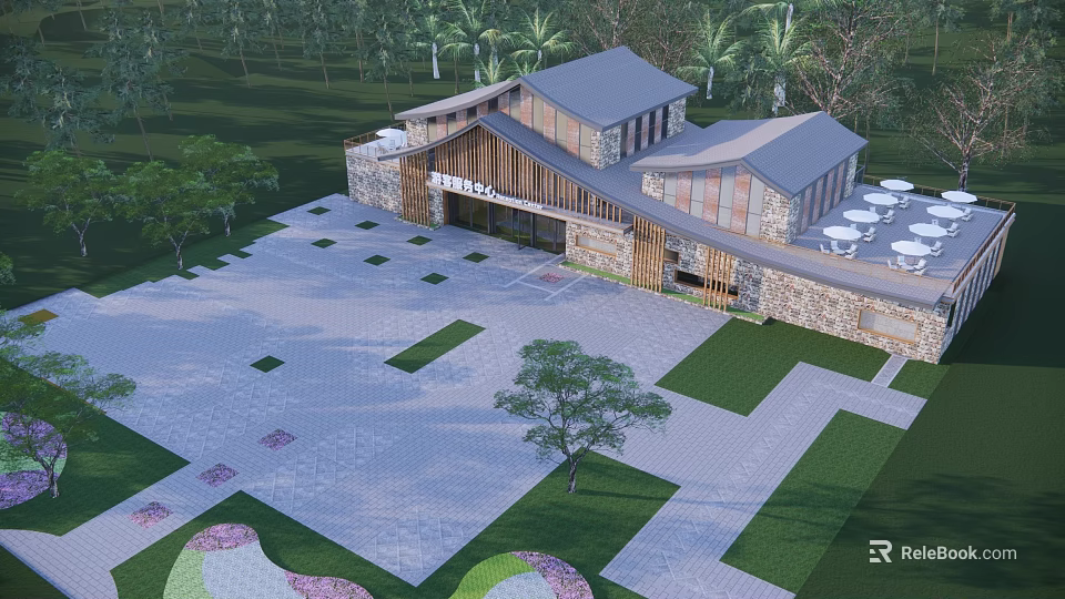 Modern Visitor Center With Wooden Stone Exterior And Green Landscaped Surroundings 3d model 