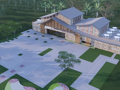 Modern Visitor Center With Wooden Stone Exterior And Green Landscaped Surroundings 3d model