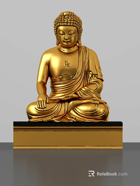 Golden Buddha Sculpture Carving Sitting on Lotus Pedestal with Robe Details and Black Base 3d model 