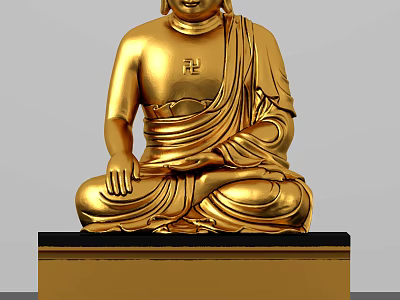 Golden Buddha Sculpture Carving Sitting on Lotus Pedestal with Robe Details and Black Base 3d model