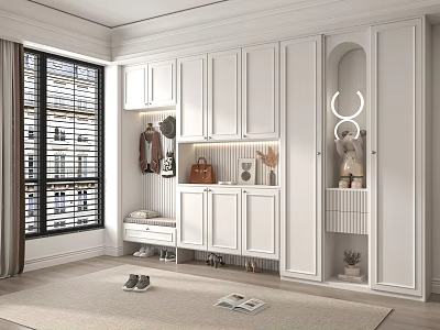 Modern White Shoe Cabinet In Entryway With Hanging Storage And Decorative Accents 3d model
