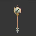 Golden Weapon Scepter With Circular Top Green Arrow Symbol And Ornate Bottom Design