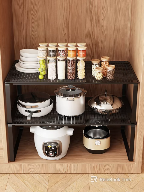 Black Metal Kitchen Shelf with Plates Glass Jars Cookware and Appliances 3d model 
