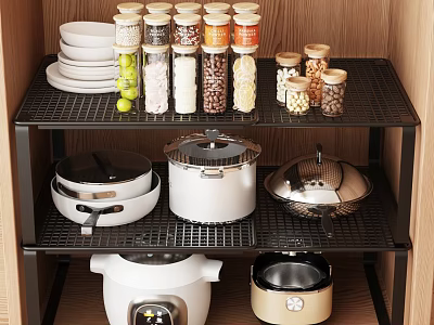 Black Metal Kitchen Shelf with Plates Glass Jars Cookware and Appliances 3d model